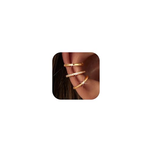 Freekiss 3-Piece Gold Ear Cuff Set for Women, Non-Piercing Clips | 14K gold-plated ear cuffs with smooth, twisted, and CZ styles for comfortable stacking without piercings