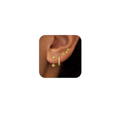 3 Pairs Dainty Small Earrings Set for Women Trendy, Birthstone Stud Huggie Hoop Jacket Stack for Cartilage Helix, Gold Plated Hypoallergenic Cute Women Fashion Accessories Western Jewelry Gifts - color: 08Olive Green Created Peridot-Aug (Gold)