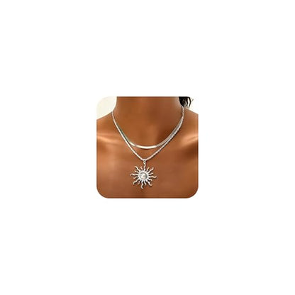 Sun Necklace for Women 14K Gold Silver Plated Layered Charm Necklace Double Chain Charm Pendant Necklaces Trendy Daily Wear Statement Jewelry Gift - color: Silver