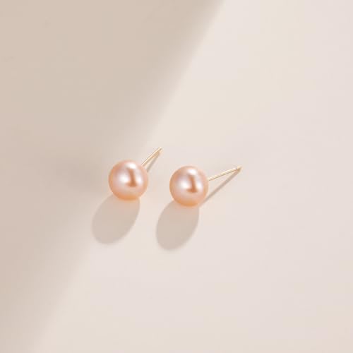 EAMTI Pearl Earrings for Women Trendy 18K Gold Plated Sterling Silver Freshwater Cultured Pearl Stud Earrings Hypoallergenic 5.5-9.5MM - color: Peach-pink, size: 7.6-8.5mm