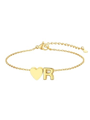 KeyStyle Initial Heart Bracelet for Women Waterproof Stainless Steel Chain | 14K Gold Plated /Silver A-Z Letter Adjustable Charm Bracelet, Hypoallergenic Non Tarnish Dainty Gift for Everyday Wear - color: 14K Gold Plated-R
