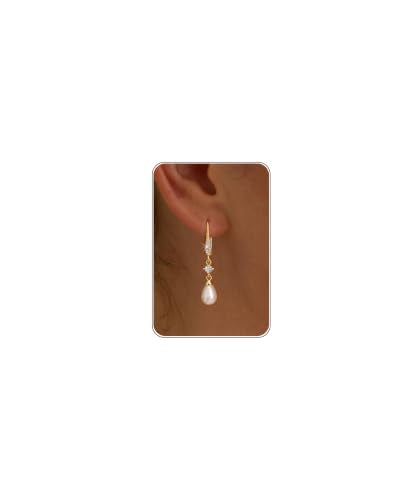 Plenky Pearl Earrings-14K Gold Plated Dainty Pearl Drop Simple Wedding CZ Dangle Dangling Cute Stud Earrings for Brides Earrings for Women Gifts - style: G-CZ Hook Pearl Earrings
