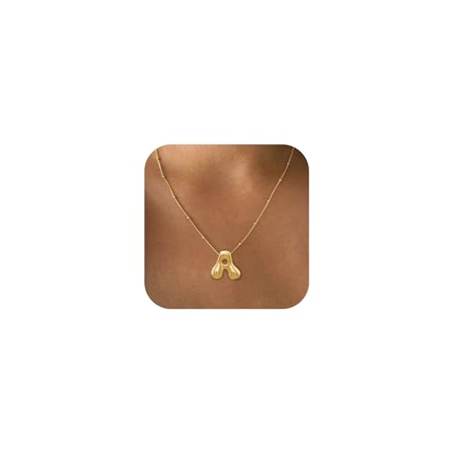 Bheop Initial Necklace for Women, Gold Silver A-Z Bubble Letter Necklace | Chunky Personalized Monogram Name Pendant, Cute Balloon Charm, Dainty Beaded Chain, Trendy Jewelry Gifts, Non Tarnish - color: Gold, style: A1
