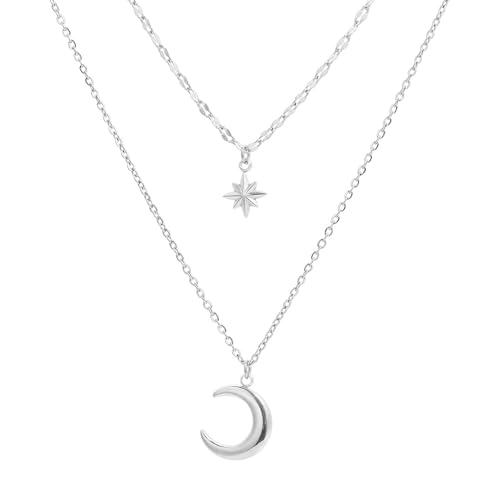 Silver Star Moon Charm Necklace for Women Layered Collarbone Chain Delicate Clavicle Chain Double Layer Necklaces for Woman - color: White K