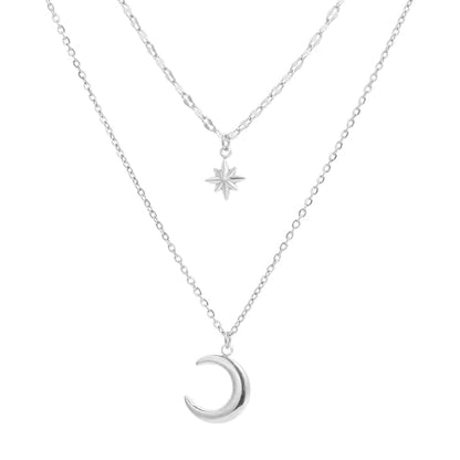 Silver Star Moon Charm Necklace for Women Layered Collarbone Chain Delicate Clavicle Chain Double Layer Necklaces for Woman - color: White K