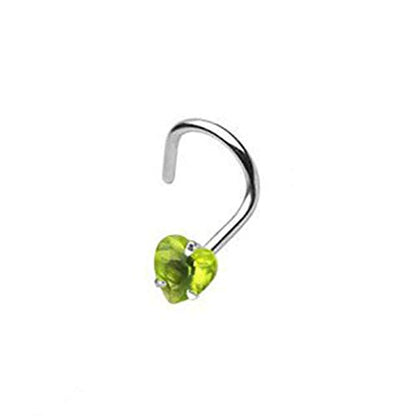 BodyJewelryOnline 316L Surgical Steel 18G Screw Nose Stud Ring Prong Set 3mm Heart Shaped CZ Nose Screw Nostril Piercing Jewelry 1/4 Inch (6mm) - color: Light Green