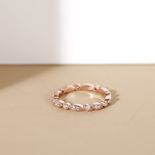 EAMTI 925 Sterling Silver Wedding Band for Women Cubic Zirconia Marquise & Round Milgrain Full Eternity Stackable Ring Size 3-13 - color: Sterling Silver-Rose gold
