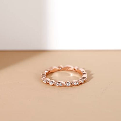 EAMTI 925 Sterling Silver Wedding Band for Women Cubic Zirconia Marquise & Round Milgrain Full Eternity Stackable Ring Size 3-13 - color: Sterling Silver-Rose gold