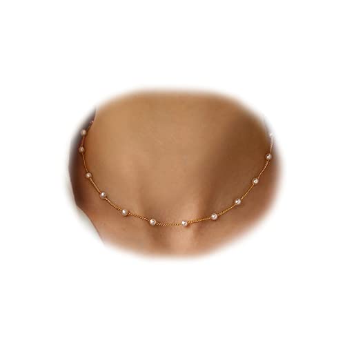 Faux Pearl Necklace for Women Dainty Pearl Choker Necklace 14K Gold Plated Pearl Chain Necklace Mother's Day Valentine Jewelry Gifts - color: Gold