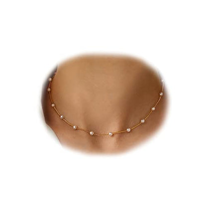 Faux Pearl Necklace for Women Dainty Pearl Choker Necklace 14K Gold Plated Pearl Chain Necklace Mother's Day Valentine Jewelry Gifts - color: Gold