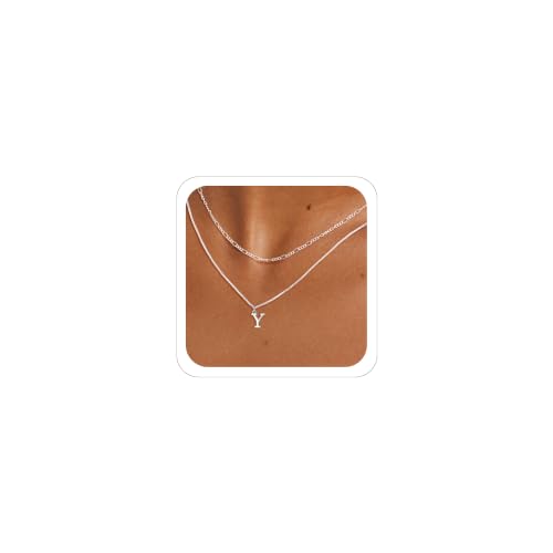MBW Dainty Silver Layered Initial A-Z Pendant Necklaces for Women Thin | Simple Waterproof 925 Silver Plated Necklace Figaro Choker Monogram Name Jewelry Set Personalized - color: Silver InitIal NK-Y