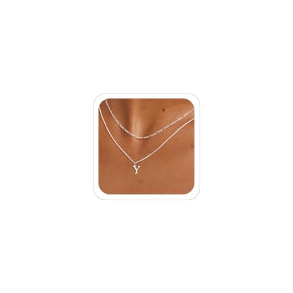 MBW Dainty Silver Layered Initial A-Z Pendant Necklaces for Women Thin | Simple Waterproof 925 Silver Plated Necklace Figaro Choker Monogram Name Jewelry Set Personalized - color: Silver InitIal NK-Y
