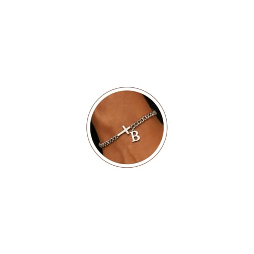Cross Cuban Link Bracelets for Men Initial A - Z Faith Cross Bracelets, Stainless Steel Fashion Initial Charm Chain Bracelet Religious Jewelry Gift for Men - color: Silver B