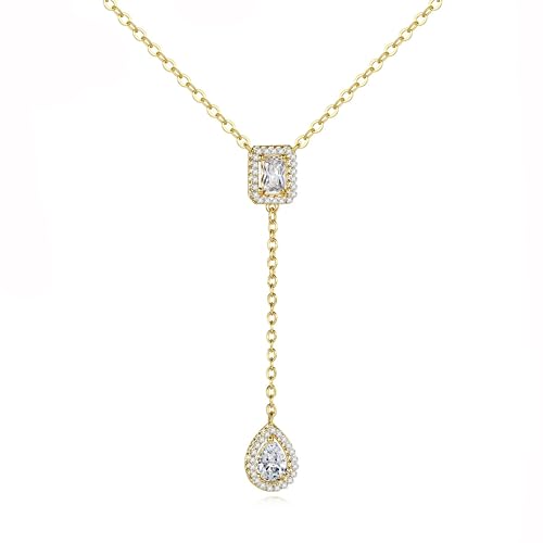Gold Plated Geometric Style Sparkly Dainty Rectangle Teardrop Shaped AAAAA Australia Crystal with Cubic Zirconia Y Necklace Fashion Jewelry for Women & Teen Girls - color: Teardrop Y Necklace GD