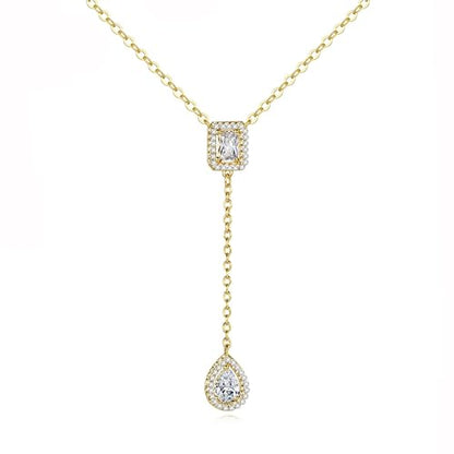 Gold Plated Geometric Style Sparkly Dainty Rectangle Teardrop Shaped AAAAA Australia Crystal with Cubic Zirconia Y Necklace Fashion Jewelry for Women & Teen Girls - color: Teardrop Y Necklace GD