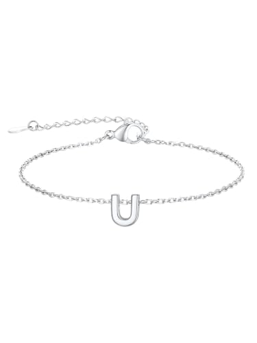 FindChic Initial Bracelets for Women Waterproof Stainless Steel Chain | 14K Gold Plated /Silver Letter A-Z Adjustable Monogram Charm Bracelet Dainty Gift for Women Wife Friend with Gift Box - color: Silver, size: letter U