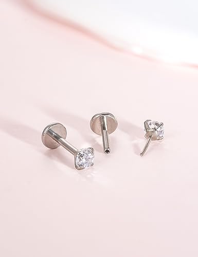 limerencia G23 Hypoallergenic 18g Flat Back Stud Earrings | F136 Implant Grade Titanium Pressfit Threadless Push Pop in Cartilage Helix Labret Lip Monroe Tragus Flat Back Piercing Studs - color: 3mm White CZ Silver