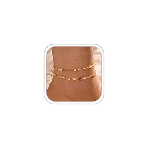 Subiceto Ankle Bracelets for Women Waterproof - 14K Gold Plated Non Tarnish Anklets Set Dainty Stainless Steel Stackable Layered for Beach Summer Jewelry Adjustable - color: 2Pcs-14K Gold Plated