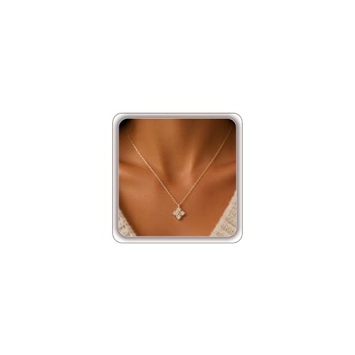 14K Gold Plated Clover Necklace for Women CZ Four-Leaf Lucky Pendant Chain | Waterproof Non-Tarnish Minimalist Adjustable Dainty Gold Stackable Choker With Sparkling CZ Trendy Jewelry For Her - color: Cross CZ Gold