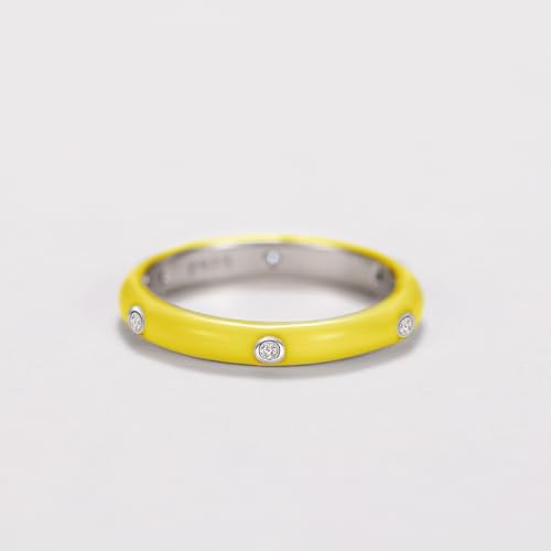 Stackable Enamel Ring 925 Sterling Silver Cubic Zirconia Rainbow Eternity Stacking Band Rings for Women 6（Yellow） - color: Yellow, size: 6