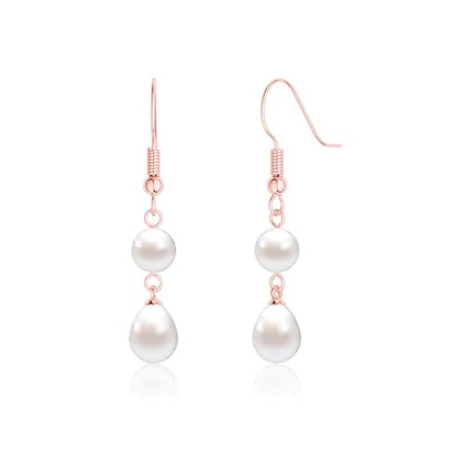 Freekiss Pearl Earrings for Women Trendy: Flat Back Stud Earrings 14K Gold Plated/925 Sterling Silver Freshwater Pearl Dangle Earrings Cute Bow Earrings Wedding Jewelry Birthday Gifts for Women Girls - style: double pearl drop earrings-RG