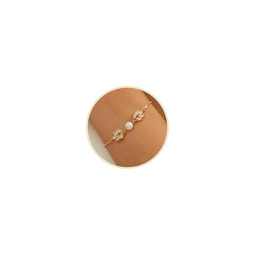 Gold Bracelets for Women Pearl Bracelet 14k Gold/White Gold Plated | Dainty Cubic Zirconia CZ Accented, Bridesmaid Jewelry, Prom Bracelet, Wedding Bracelets for Brides - color: gold-leaf box chain