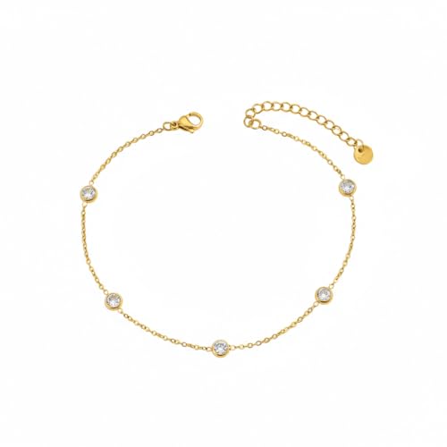 Dainty Ankle Bracelets for Women 18K Gold Plated Waterproof | Satellite Beaded Herringbone Lip Chain Anklets Simple Minimalist Summer Beach Foot Jewelry, Gift Box Included - color: 5 CZ-Gold