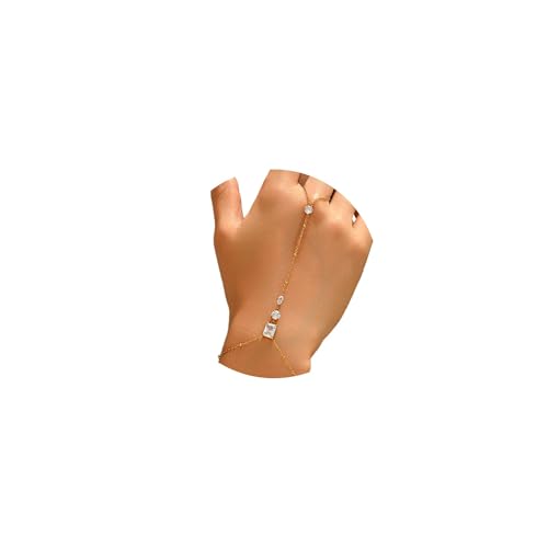 Gold Hand Chain Bracelet for Women 18K Gold Plated Stainless Steel Ring Bracelet Hand Chain with Pearl Star CZ Adjustable Hand Jewelry Chain Gifts - color: Y Satellite 3CZ-Gold