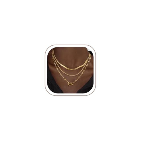 Layered Toggle Necklace for Women, 3-Chain Stack | Gold/Silver-plated necklace set with paperclip, rope, and herringbone chains plus a toggle clasp for daily wear and parties - color: Gold