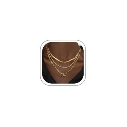 Layered Toggle Necklace for Women, 3-Chain Stack | Gold/Silver-plated necklace set with paperclip, rope, and herringbone chains plus a toggle clasp for daily wear and parties - color: Gold