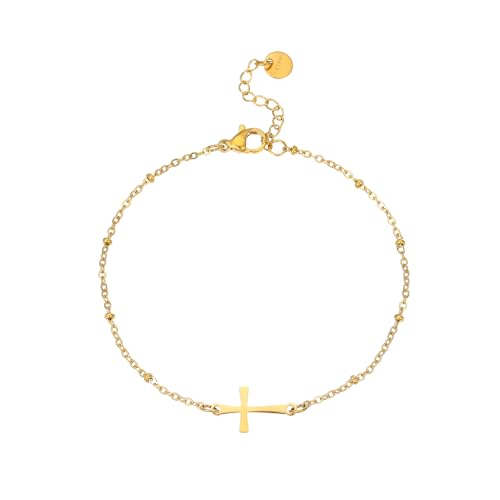 Dainty Ankle Bracelets for Women 18K Gold Plated Beaded Anklet Chain Simple Tiny Beads Anklet Waterproof Minimalist Summer Beach Foot Jewelry Gifts - color: Cross Beads-Gold