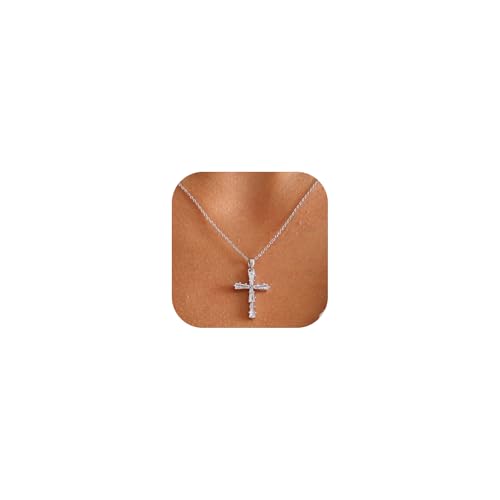 Cross Necklace for Women, 14K Gold Plated Cubic Zirconia Cross Pendant Necklace, Trendy Christian Jewelry Gifts for Baptism First Communion Christmas - color: Style A - Silver