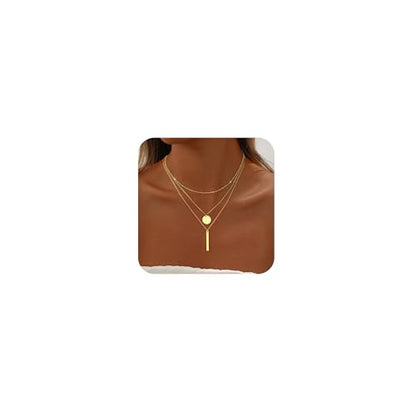 Gold Necklace for Women 14K Gold Plated Layered Cross Bar Necklace Herringbone Figaro Paperclip Flat Chain Cute Charm Accessories Non Tarnish Jewelry Set Gifts for Women - style: R-NK-07-Disc bar-GD