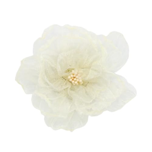 Elegant Organza Flower Brooch Pin for Women Men Delicate Fabric Camellia Floral Lapel Pins Dress Skirt Scarf Hat Clothing Decoration Accessories Holiday Wedding Party Fashion Jewelry 100mm - color: Beige