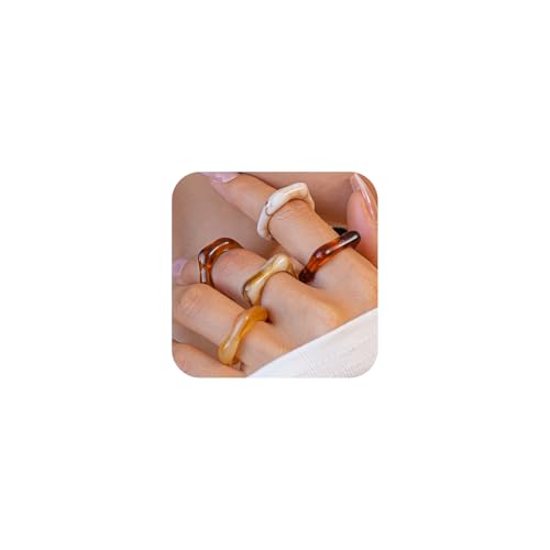 5Pcs Stacking Retro Brown and White Square Resin Knuckle Ring, Simple Chunky Black Acrylic Rings for Women Bohemia Dainty Party Prom Charm Jewelry Gift - color: Brown