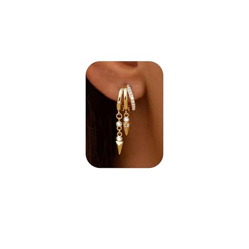 MILACOLATO 925 Sterling Silver Dangle Earrings for Women Hypoallergenic | Trendy 14K Gold Plated Triple Huggie Hoop Earrings Dainty Chain Drop Cubic Zirconia Earring Statement Hoops Fashion Jewelry - color: 2 Arrows