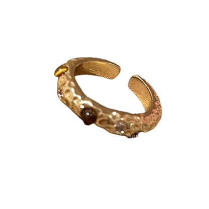 Tiger's Eye & Crystal Stackable Open Ring Adjustable Gold Tone Boho Statement Rings for Women - color: Gold 01
