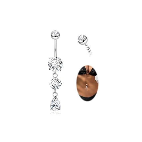 14G G23 Titanium Dangle Belly Button Ring for Women Dangling Navel Rings Hypoallergenic Teardrop Shiny CZ Belly Ring Internally Threaded Navel Piercing Jewelry - color: Silver