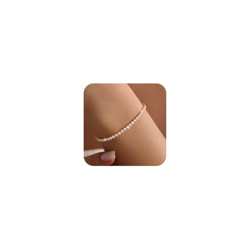 Tewiky Tennis Bracelet 14K Gold/Silver Plated 3mm Cubic Zirconia Tennis Bracelets for Women, Dainty Gold Bracelets for Women Non Tarnish Jewelry - color: Gold