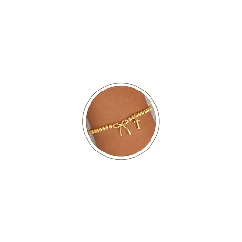 M MOOHAM Bow Initial Bracelets for Women Girls, Letter A-Z Beaded Bracelet | 14K Gold Plated, Bow Bracelets for Girls, Gold Bracelet, Beaded Initial Bracelet, Birthday Gift for Teen Girl Jewelry - color: T