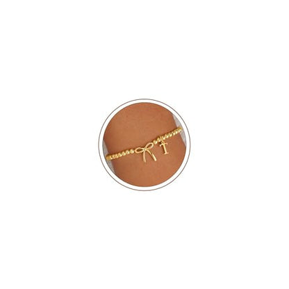 M MOOHAM Bow Initial Bracelets for Women Girls, Letter A-Z Beaded Bracelet | 14K Gold Plated, Bow Bracelets for Girls, Gold Bracelet, Beaded Initial Bracelet, Birthday Gift for Teen Girl Jewelry - color: T