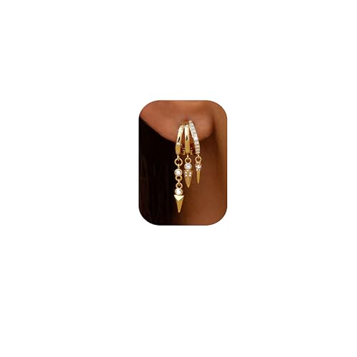 MILACOLATO 925 Sterling Silver Dangle Earrings for Women Hypoallergenic | Trendy 14K Gold Plated Triple Huggie Hoop Earrings Dainty Chain Drop Cubic Zirconia Earring Statement Hoops Fashion Jewelry - color: 3 Arrows