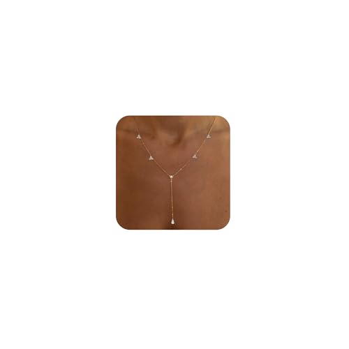 Long Gold Necklace For Women,Dainty Lariat Y Necklace 14K Gold Plated Cute Cubic Zirconia Lariat Necklaces Trendy Simple Statement Rhinestone Choker Necklaces Summer Jewelry - color: Gold-style 4