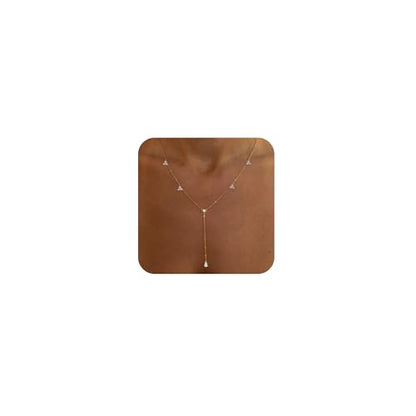 Long Gold Necklace For Women,Dainty Lariat Y Necklace 14K Gold Plated Cute Cubic Zirconia Lariat Necklaces Trendy Simple Statement Rhinestone Choker Necklaces Summer Jewelry - color: Gold-style 4