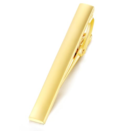 HONEY BEAR 1.57" Skinny Tie Clip Bar for Men Steel Business Wedding Gift | Classic Minimalist, Steel-Plated Copper Base, Gift-Boxed, Thickened, Rounded Corners, Easy to Slide On, No Snag or Wrinkle - style: Matte Polish Gold 4cm