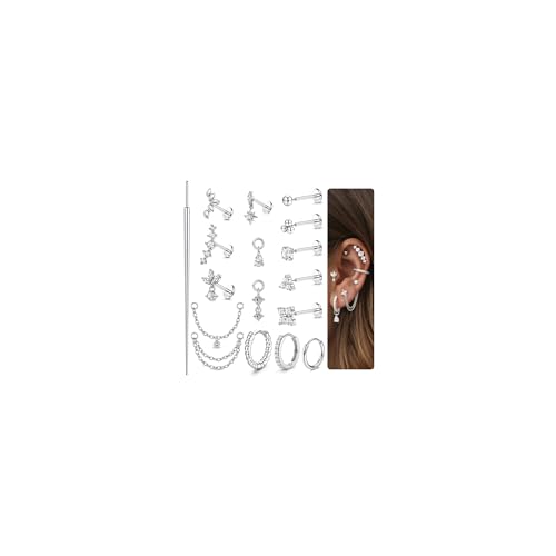 ORAZIO 16G/18G/20G Threadless Flat Back Earrings Push in Nose Rings Studs | 316L Surgical Steel Cartilage Earring Stacks Flatback Hypoallergenic Tragus Helix Conch Labret Medusa Piercing Jewelry - color: Style1-Silver, size: 20G=0.8mm