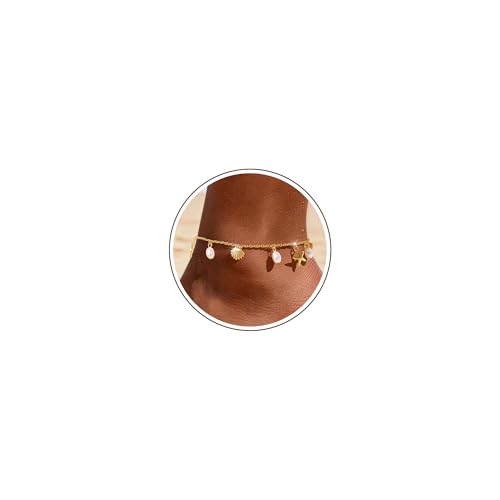 Sterling Silver Ankle Bracelets for Women 14k Gold Plated Waterproof Dainty Layered Stackable Seashell Pearl Charm Non Tarnish Adjustable Anklet for Summer Beach Jewelry Gift - color: Gold3