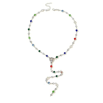 Colorful Crystal Long Necklace for Women Dainty Boho Y-Shaped Color Bead Necklaces Sparkly Rhinestone Pendant Layered Gold Long Chain Choker Good Luck Trend Jewelry Gift Jewelry - color: Head-Silver