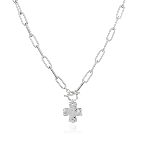 Chunky Cross Necklace for Women Trendy 14K Gold Silver Plated Statement Big Cross Pendant Paperclip Chain Charm Necklaces Religious Faith Easter Basket Stuffers Baptism Costume Jewelry Gift - color: White Gold-Toggle-0.8 inch pendant