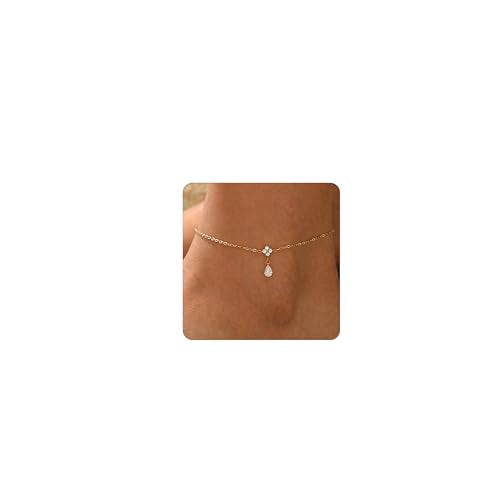 Gold Anklets for Women 18K Gold Plated CZ Ankle Bracelet Dainty Droplet Bar Tennis Ankle Trendy Summer Waterproof Beach Foot Chain Jewelry - color: Flower Charm-Gold